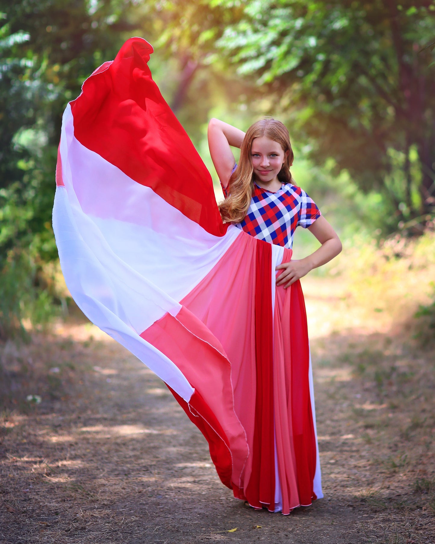 Red, White and Blue Full Skirt Dress- Maxi Dress, Bohemian, Party Dress, Boho Dress, Birthday Dress, Birthday Gift Dress, Flower Girl Dress