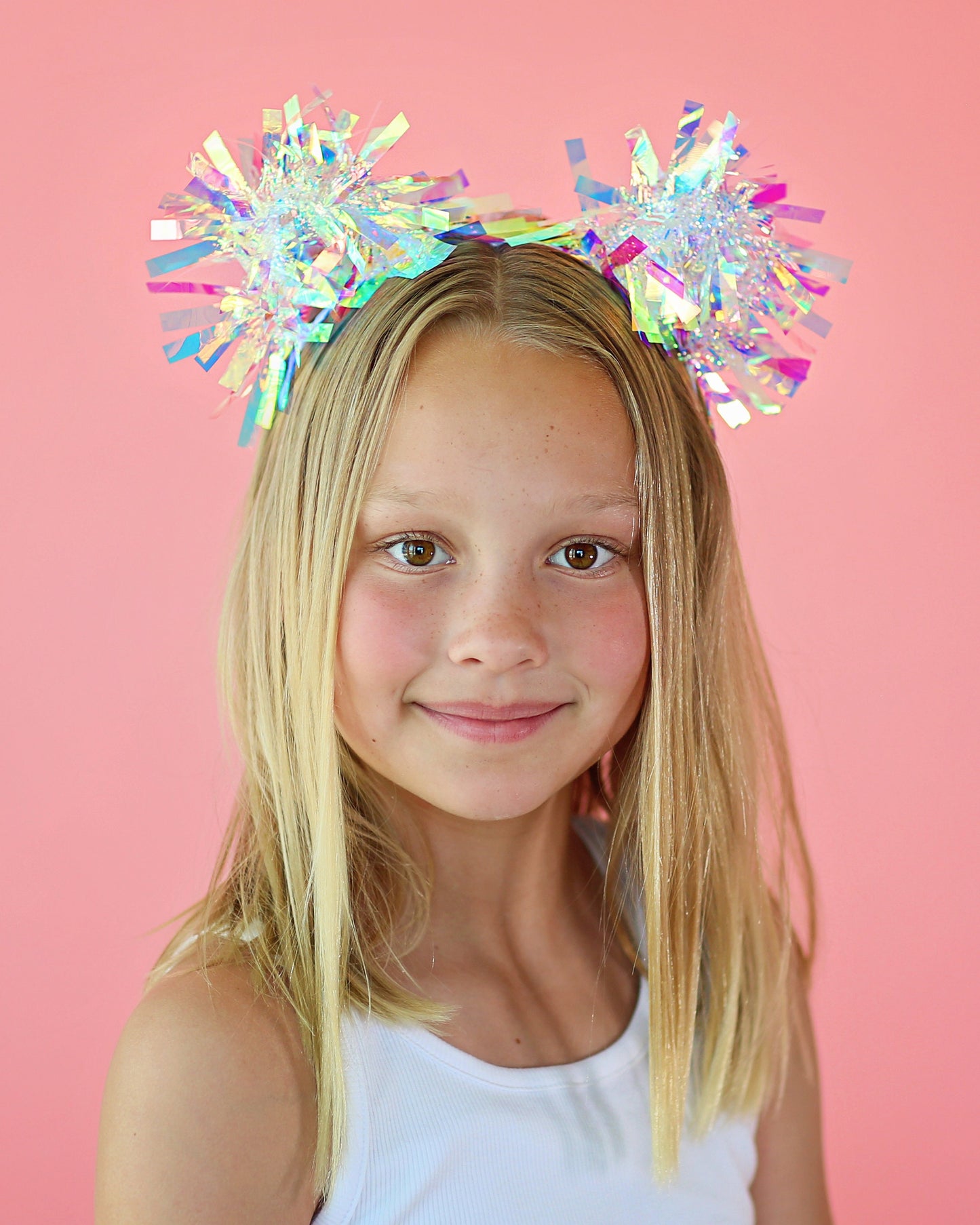 Tinsel Pom Pom Headband- Birthday headband, gift for her, birthday gift, party headband, party favor, bow headband, tinsel, iridescent bows