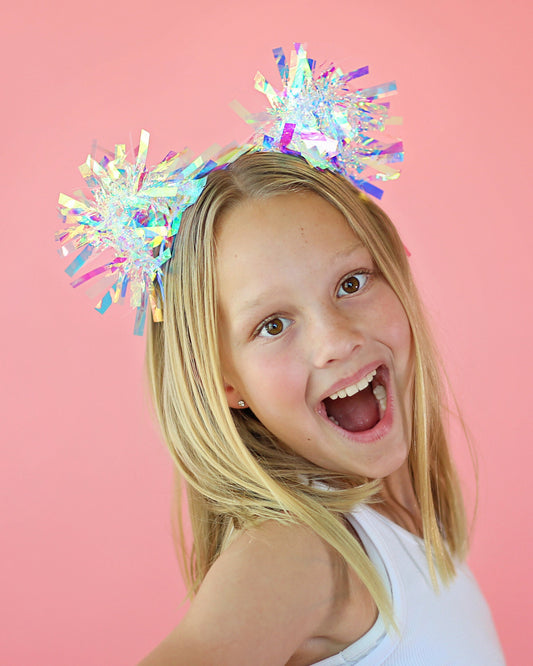 Tinsel Pom Pom Headband- Birthday headband, gift for her, birthday gift, party headband, party favor, bow headband, tinsel, iridescent bows