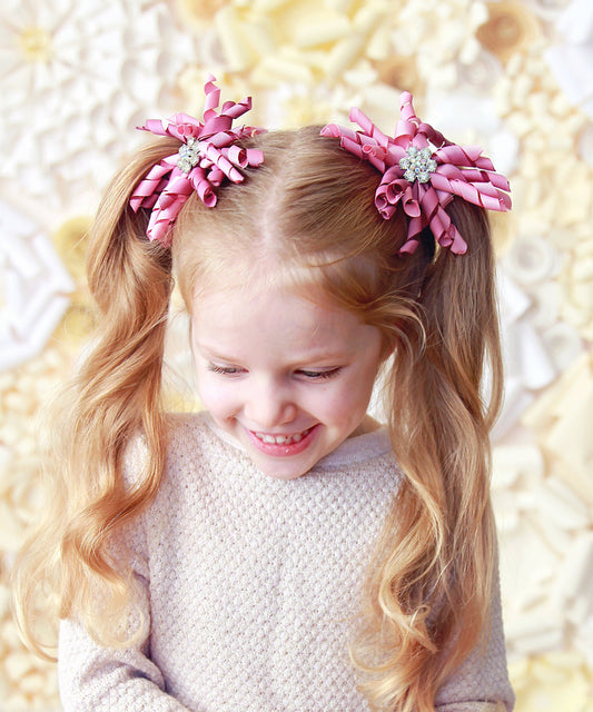 Pair of Rose Pink Curly Ribbon Hair Clips- hair bows, school hair bows, curly ribbon, pink bows, pair of bows, hair clips, hair ribbon, bow