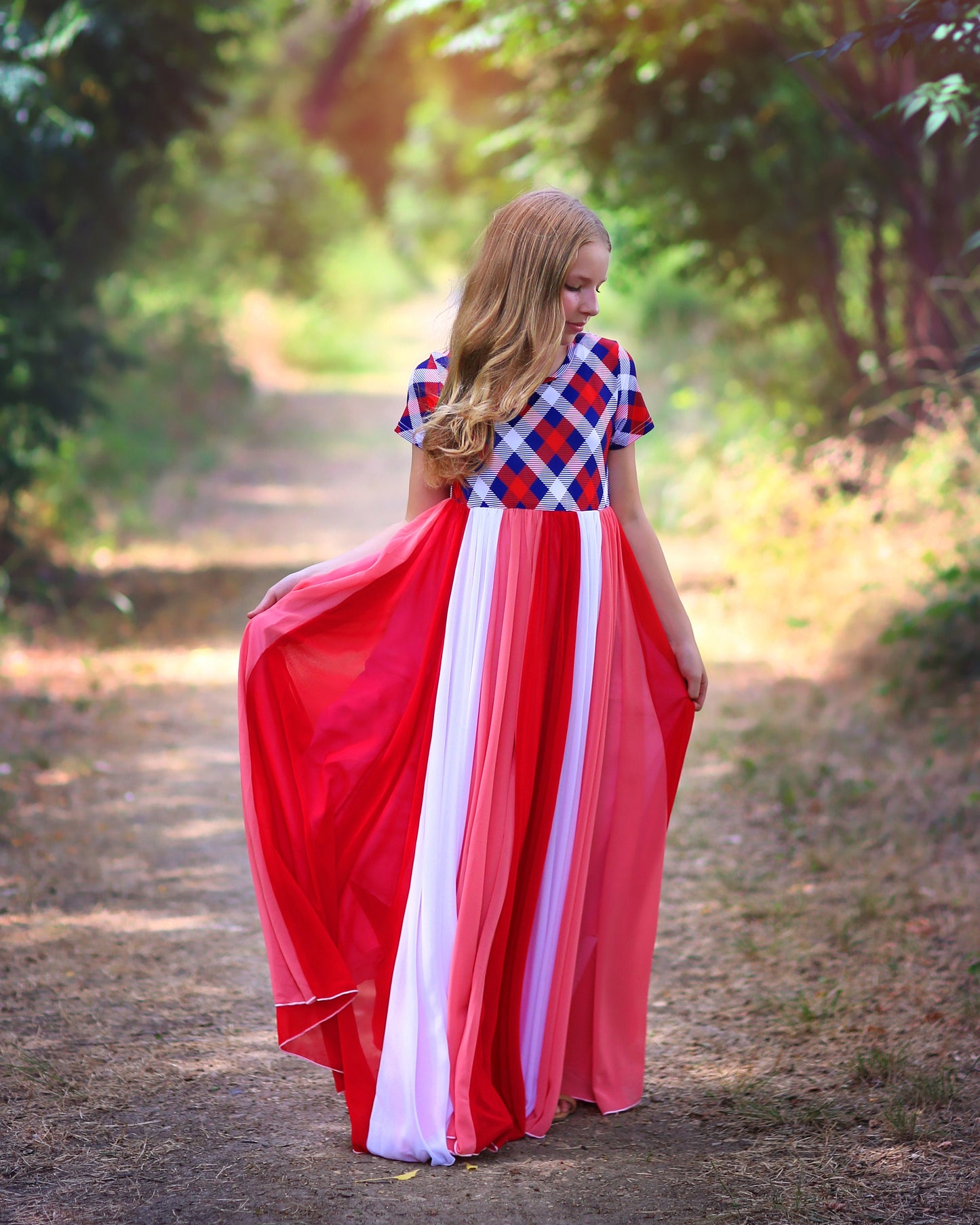 Red, White and Blue Full Skirt Dress- Maxi Dress, Bohemian, Party Dres
