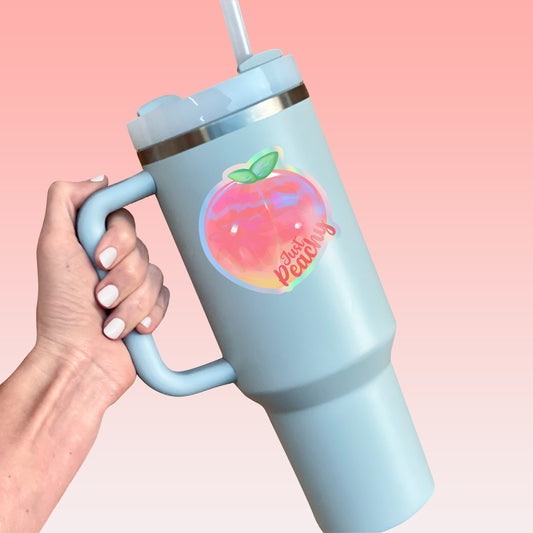 Holographic Just Peachy Sticker- Tumbler sticker, decal, laptop sticker, water bottle sticker, sticker, waterproof, vinyl, aesthetic sticker
