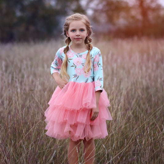 3/4 Sleeve Tutu Dress in Light Blue and Pink Floral