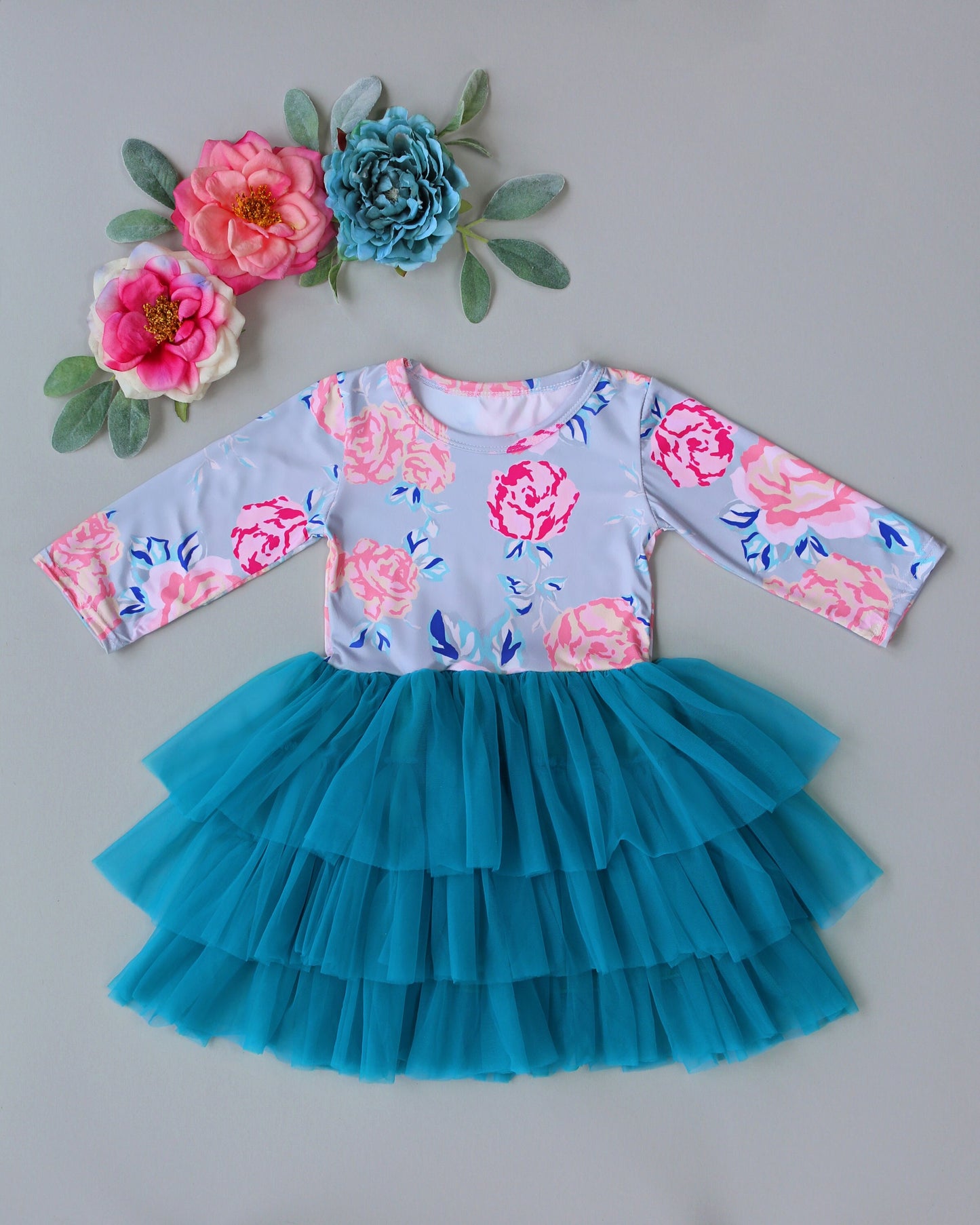 3/4 Sleeve Tutu Dress in Gray, Teal and Pink Pop Roses