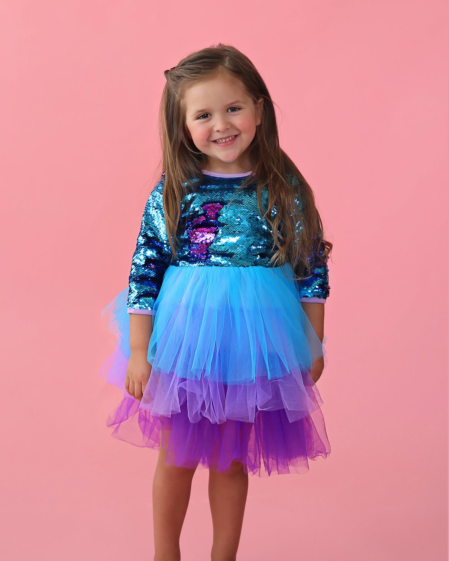 3/4 Sleeve Sequin Tutu Dress in Turquoise and Purple