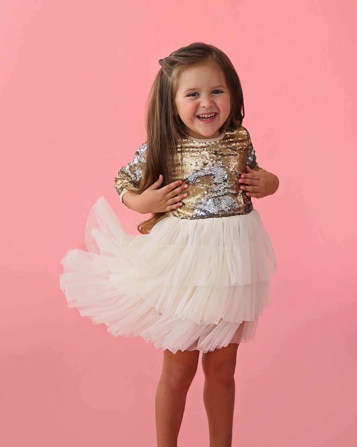 3/4 Sleeve Sequin Tutu Dress in Cream and Gold