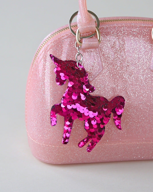 Hot Pink Sequin Unicorn Keychain- Sequin Keychain, backpack charm, unicorn, party favor, gift for her, stocking stuffer, birthday gift, pink