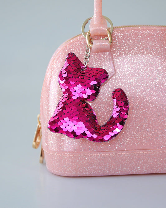 Hot Pink Sequin Cat Keychain- Sequin Keychain, backpack charm, pink cat, party favor, gift for her, stocking stuffer, birthday gift, kitten