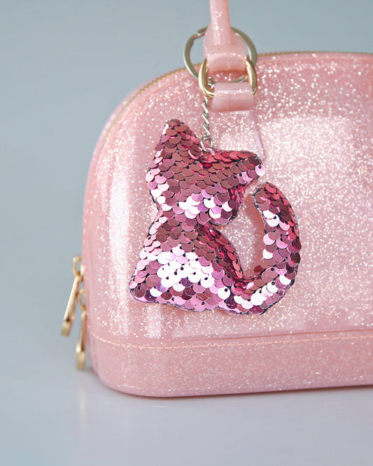 Pink Sequin Cat Keychain- Sequin Keychain, backpack charm, cat, party favor, gift for her, stocking stuffer, birthday gift, kitten, pink