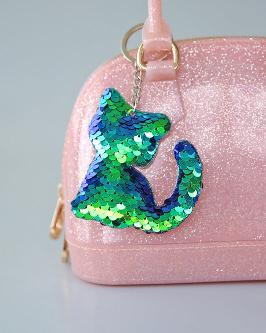 Green Sequin Cat Keychain- Sequin Keychain, backpack charm, green cat, party favor, gift for her, stocking stuffer, birthday gift, kitten