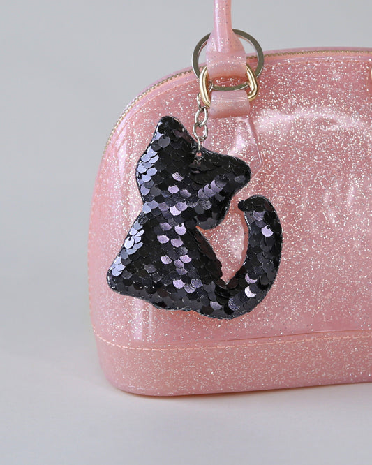 Black Sequin Cat Keychain- Sequin Keychain, backpack charm, black cat, party favor, gift for her, stocking stuffer, birthday gift, kitten
