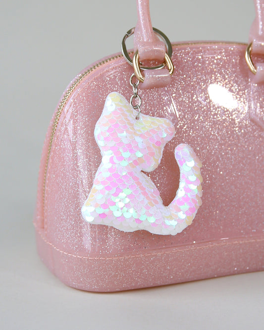 White Sequin Cat Keychain- Sequin Keychain, backpack charm, white cat, party favor, gift for her, stocking stuffer, birthday gift, kitten