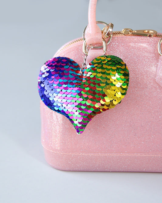 Rainbow Sequin Heart Keychain- Sequin Keychain, backpack charm, heart, party favor, gift for her, stocking stuffer, birthday gift, rainbow