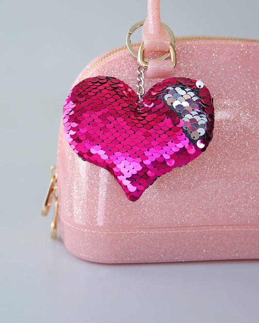 Hot Pink Sequin Heart Keychain- Sequin Keychain, backpack charm, heart, party favor, gift for her, stocking stuffer, birthday gift, hot pink