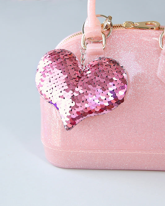 Pink Sequin Heart Keychain- Sequin Keychain, backpack charm, heart, party favor, gift for her, stocking stuffer, birthday gift, pink heart