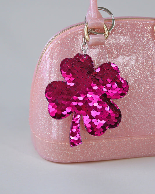 Hot Pink Sequin Clover Keychain- Sequin Keychain, backpack charm, party favor, gift for her, stocking stuffer, birthday gift, luck, clover