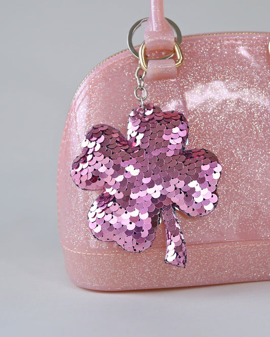 Pink Sequin Clover Keychain- Sequin Keychain, backpack charm, party favor, gift for her, stocking stuffer, birthday gift, luck, clover, pink