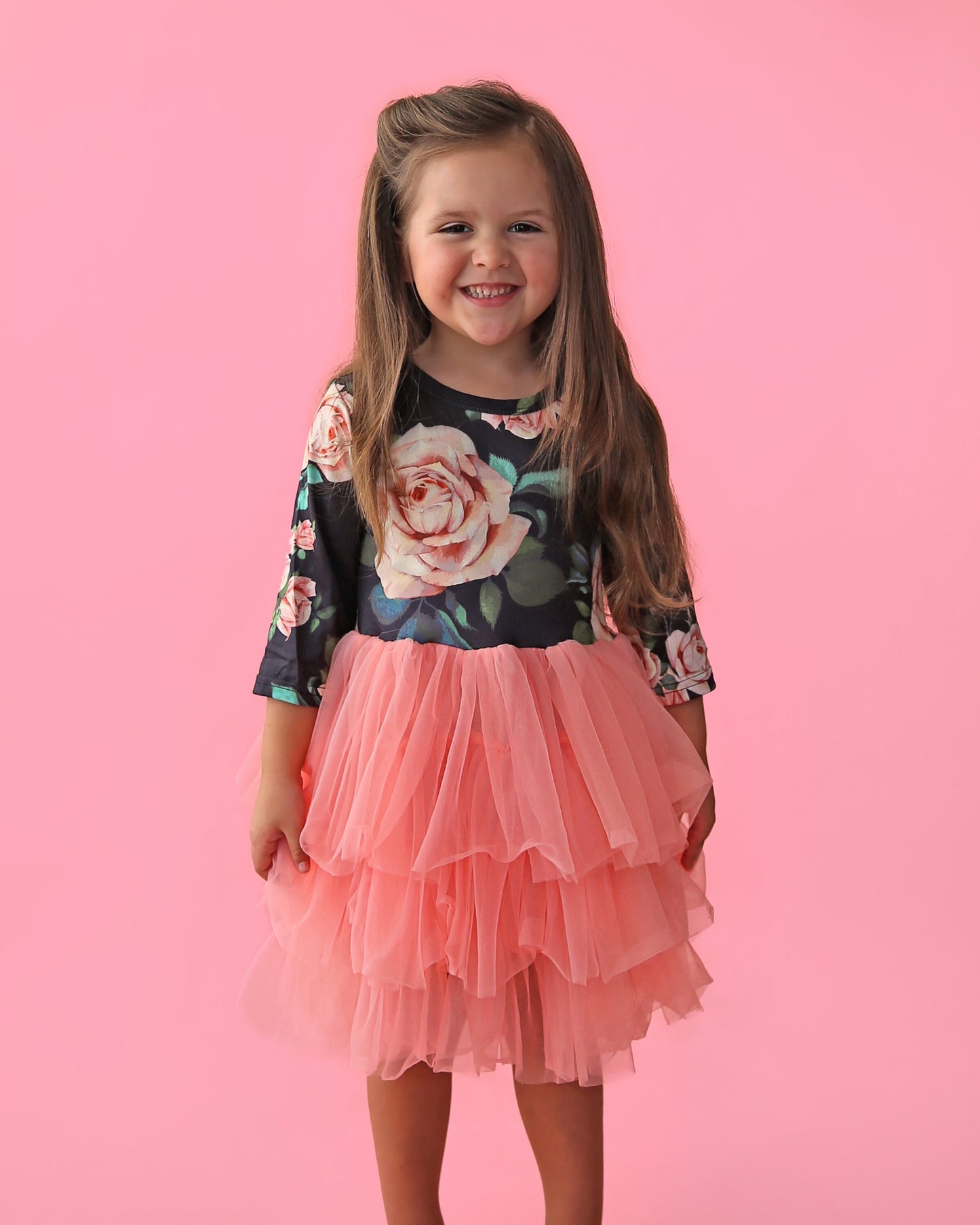 3/4 Sleeve Tutu Dress in Black and Peach Roses