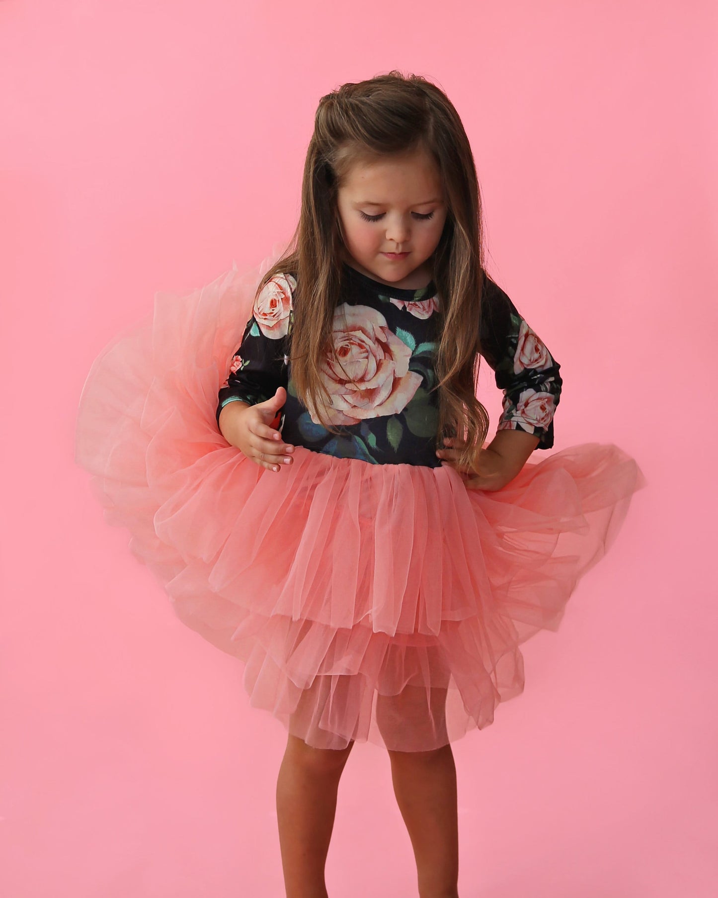 3/4 Sleeve Tutu Dress in Black and Peach Roses