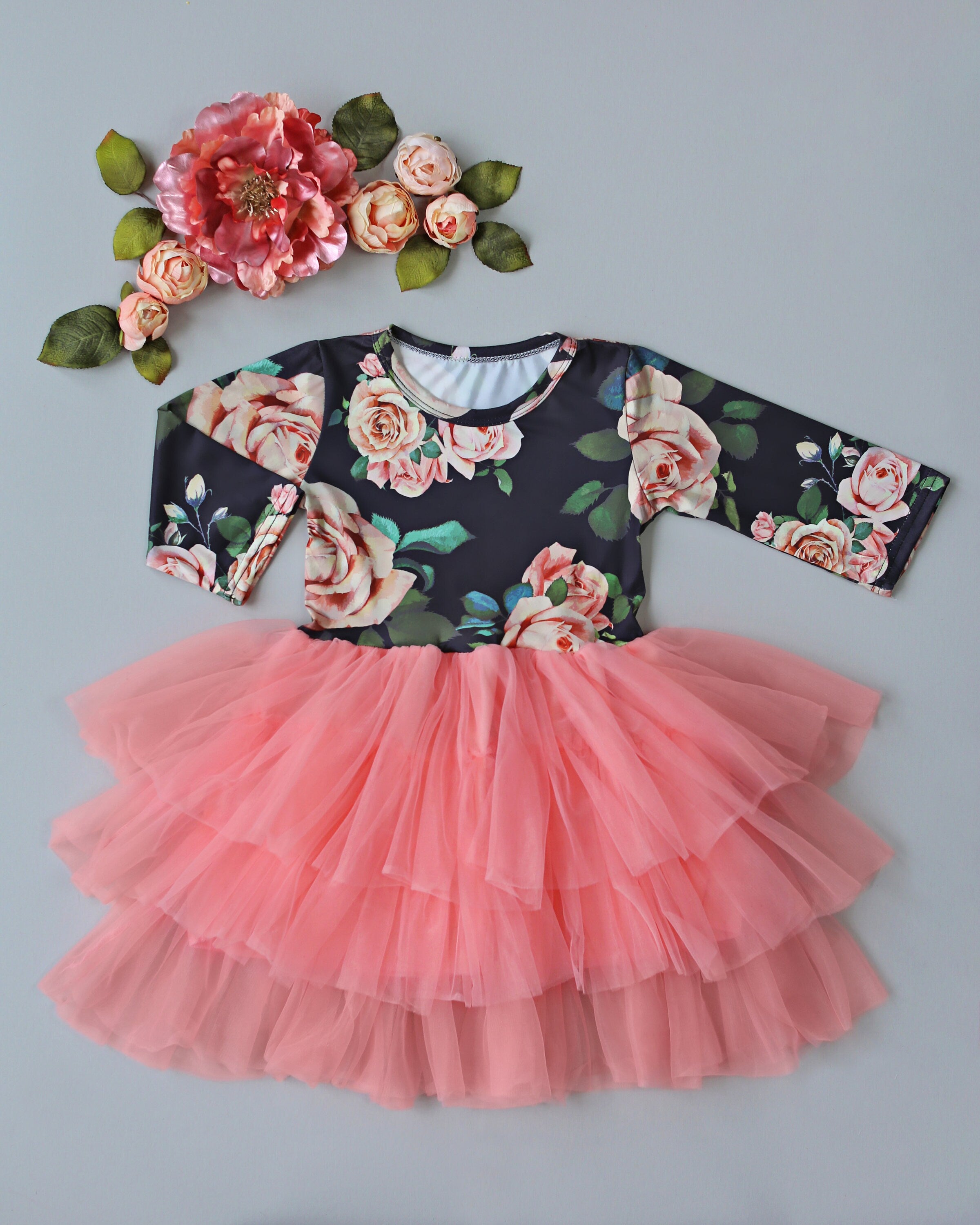 3/4 Sleeve Tutu Dress in Black and Peach Roses