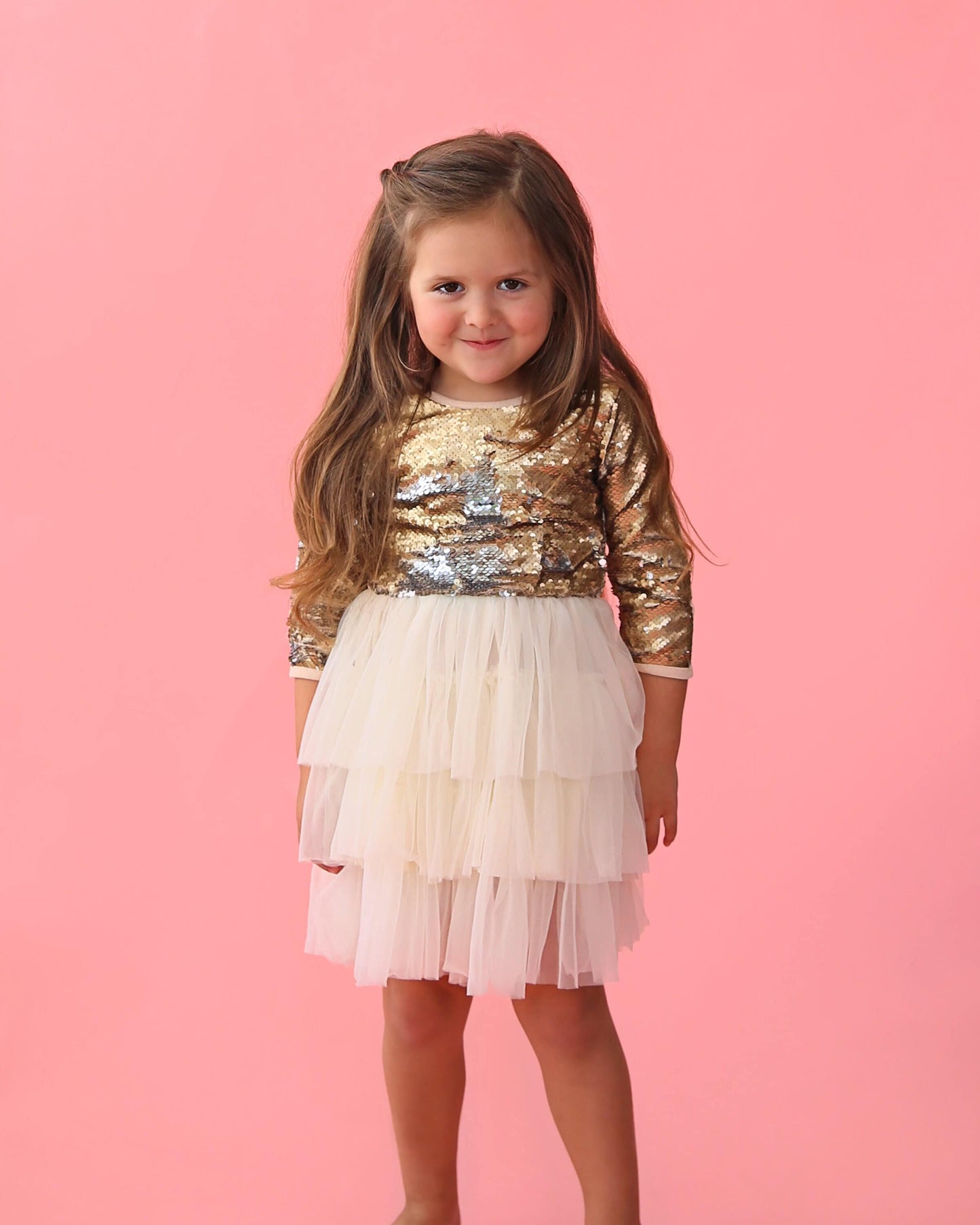 3/4 Sleeve Sequin Tutu Dress in Cream and Gold