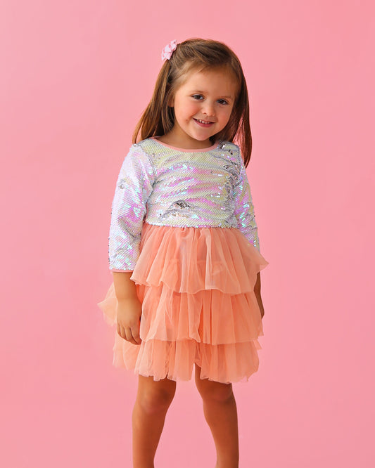 3/4 Sleeve Sequin Tutu Dress in Peach and White