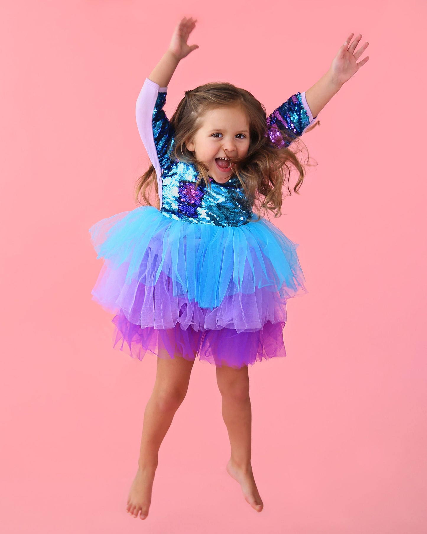 3/4 Sleeve Sequin Tutu Dress in Turquoise and Purple