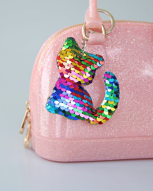 Rainbow Sequin Cat Keychain- Sequin Keychain, backpack charm, cat, party favor, gift for her, stocking stuffer, birthday gift, kitten