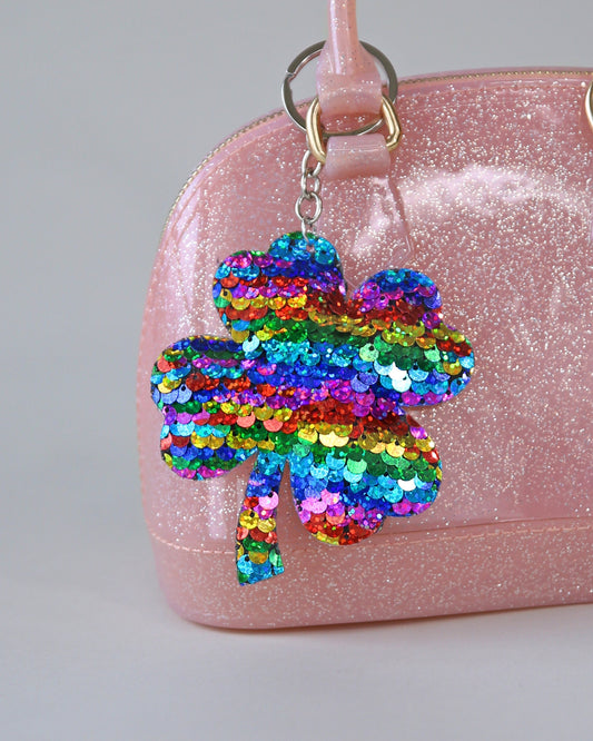 Rainbow Sequin Clover Keychain- Sequin Keychain, backpack charm, party favor, gift for her, stocking stuffer, birthday gift, luck, rainbow