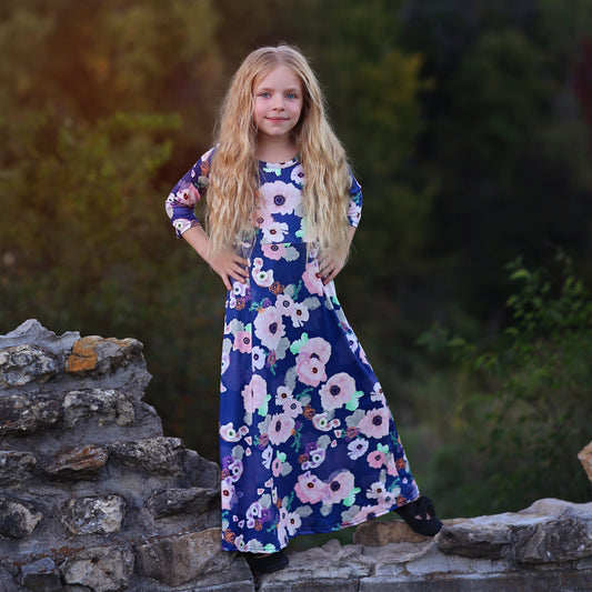 Girls Blue Flower Maxi Dress- Maxi Dress, Gift for her, school dress, church dress, birthday gift, girl dress, casual dress, long, floral