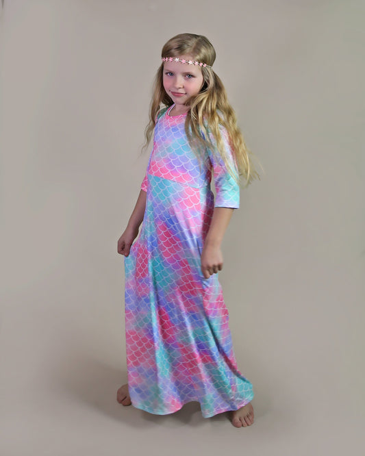 Girls Mermaid Maxi Dress- Maxi Dress, Gift for her, school dress, church dress, birthday gift, girl dress, casual dress, mom and me outfit