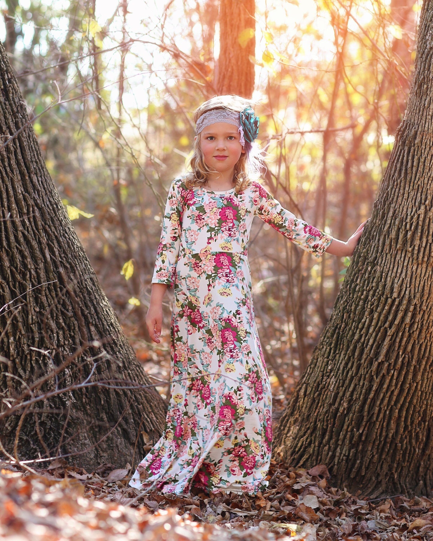 Girls Ivory Flower Maxi Dress- Maxi Dress, Gift for her, school dress, church dress, birthday gift, girl dress, casual dress, long, floral