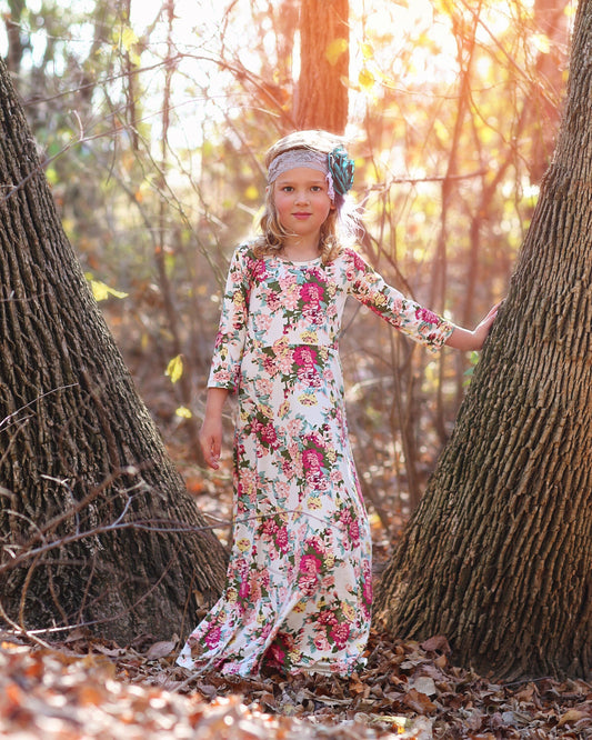 Girls Ivory Flower Maxi Dress- Maxi Dress, Gift for her, school dress, church dress, birthday gift, girl dress, casual dress, long, floral