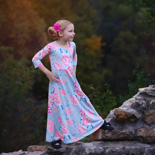 Girls Gray Flower Maxi Dress- Maxi Dress, Gift for her, school dress, church dress, birthday gift, girl dress, casual dress, long, floral