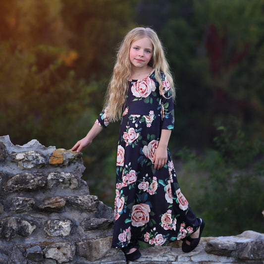 Girls Black Flower Maxi Dress- Maxi Dress, Gift for her, school dress, church dress, birthday gift, girl dress, casual dress, long, floral