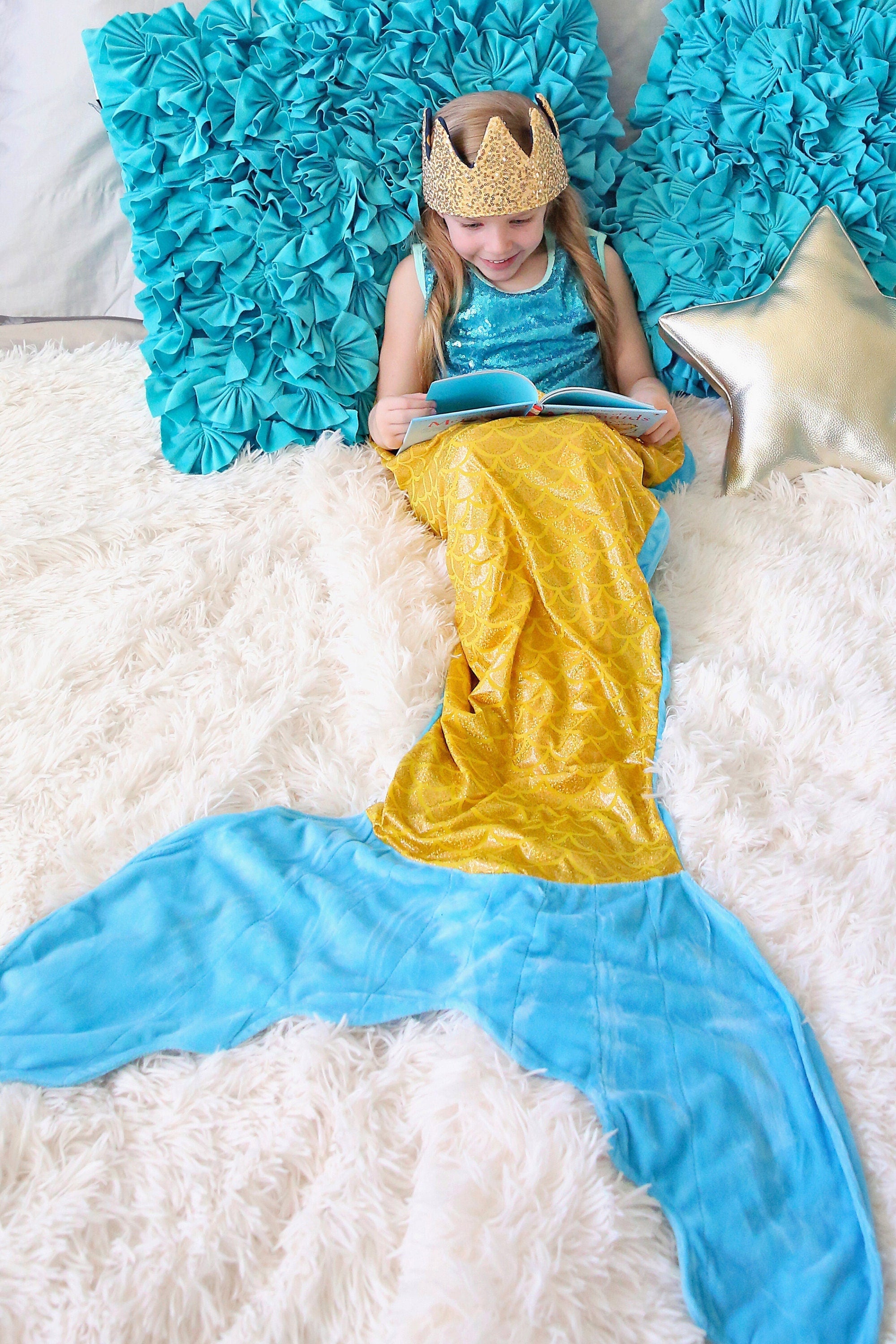 Gold and Aqua Mermaid Tail Blanket- Mermaid blanket, sleeping bag, Christmas gift, gift for her, sleeping, slumber party, mermaid tail, gold