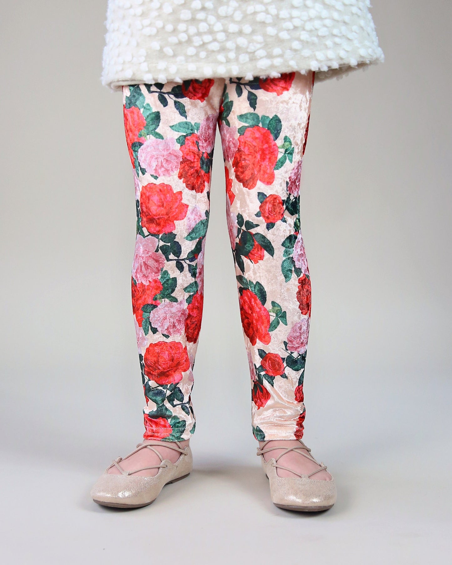 Velvet Leggings in Ivory with Red Roses