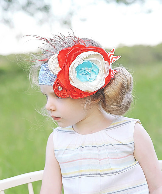 Red Aqua Flower and Feather Headband- Flower Headband, Flower Crown, Flower Headpiece, Flower Girl, Boho Flower Crown, flower crown headband