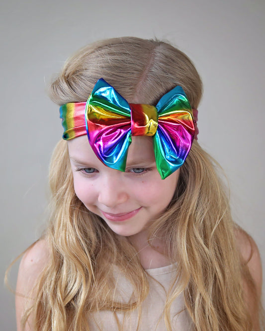 Shiny Metallic Rainbow Bow Headband- Bow Headband- Rainbow Metallic Headband, Party Accessory, Birthday Headband, Headband, Birthday Gift