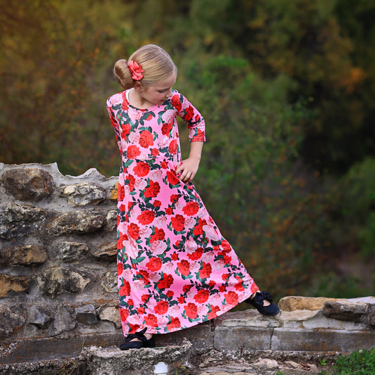 Girls Red and Pink Roses Maxi Dress- Maxi Dress, Gift for her, school dress, church dress, birthday gift, girl dress, casual dress, long