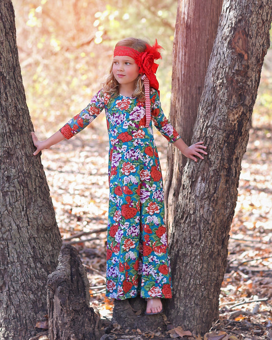 Girls Red and Green Flower Maxi Dress- Maxi Dress, Gift for her, school dress, church dress, birthday gift, girl dress, casual dress, long