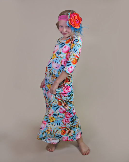 Girls Teal Flower Maxi Dress- Maxi Dress, Gift for her, school dress, church dress, birthday gift, girl dress, casual dress, long, floral