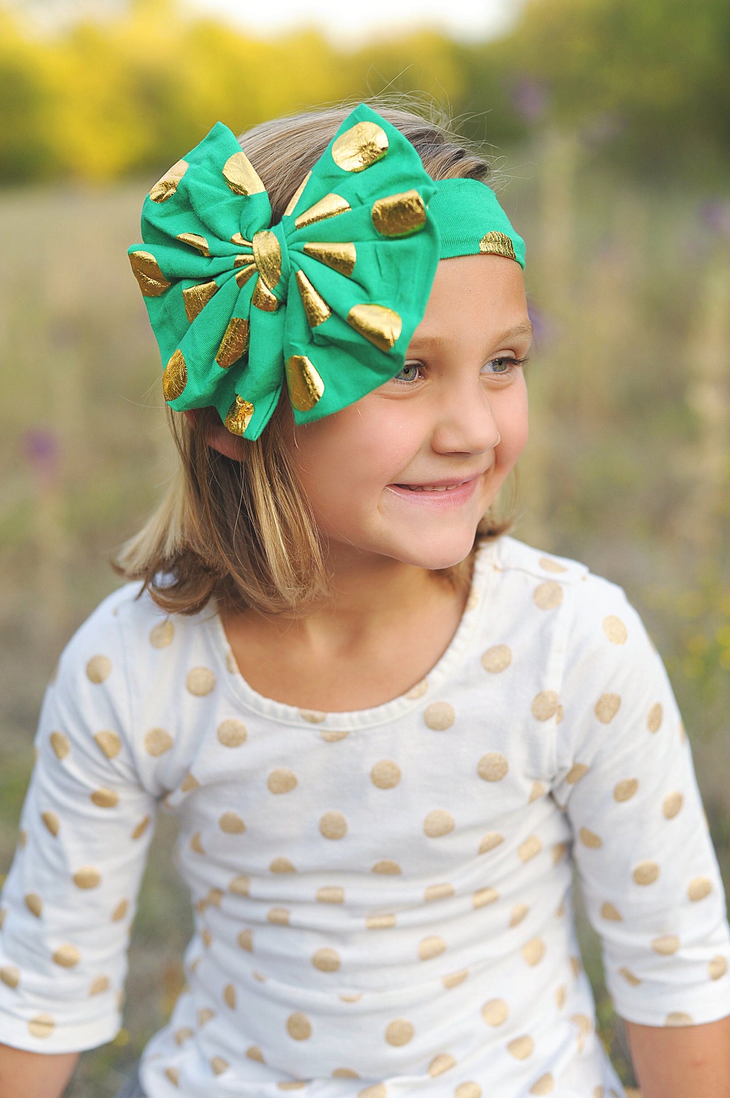 Green and Gold Polka Dot Oversized Headband- bow headband, green headband, headband, green outfit, green bow, gift for her, green hair bow