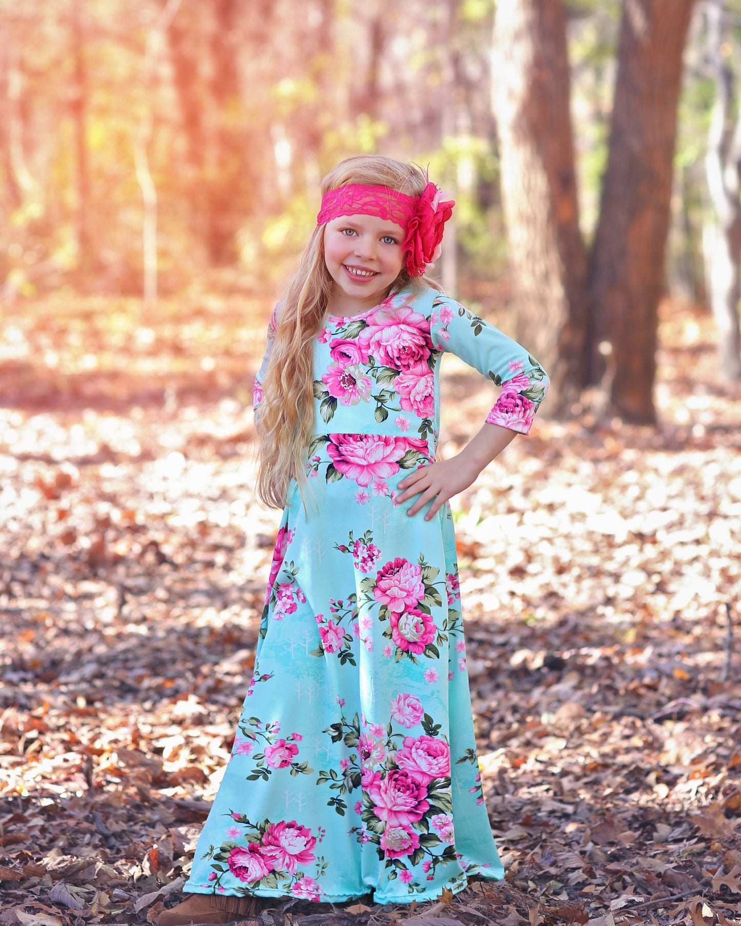 Girls Aqua Flower Maxi Dress- Maxi Dress, Gift for her, school dress, church dress, birthday gift, girl dress, casual dress, long, floral