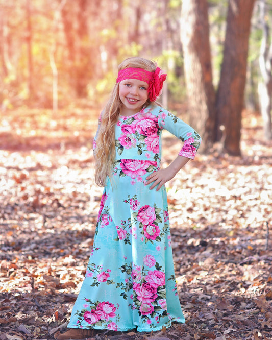 Girls Aqua Flower Maxi Dress- Maxi Dress, Gift for her, school dress, church dress, birthday gift, girl dress, casual dress, long, floral