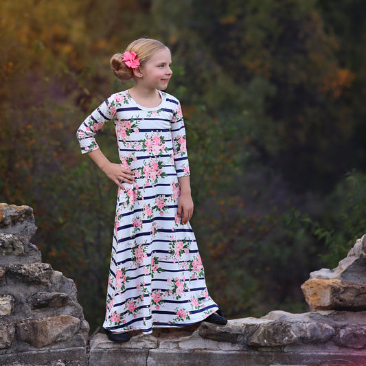 Girls Blue Striped Maxi Dress- Maxi Dress, Gift for her, school dress, church dress, birthday gift, girl dress, casual dress, long, floral