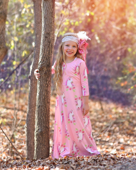 Girls Pink Unicorn Maxi Dress- Maxi Dress, Gift for her, school dress, church dress, birthday gift, girl dress, casual dress, long, floral