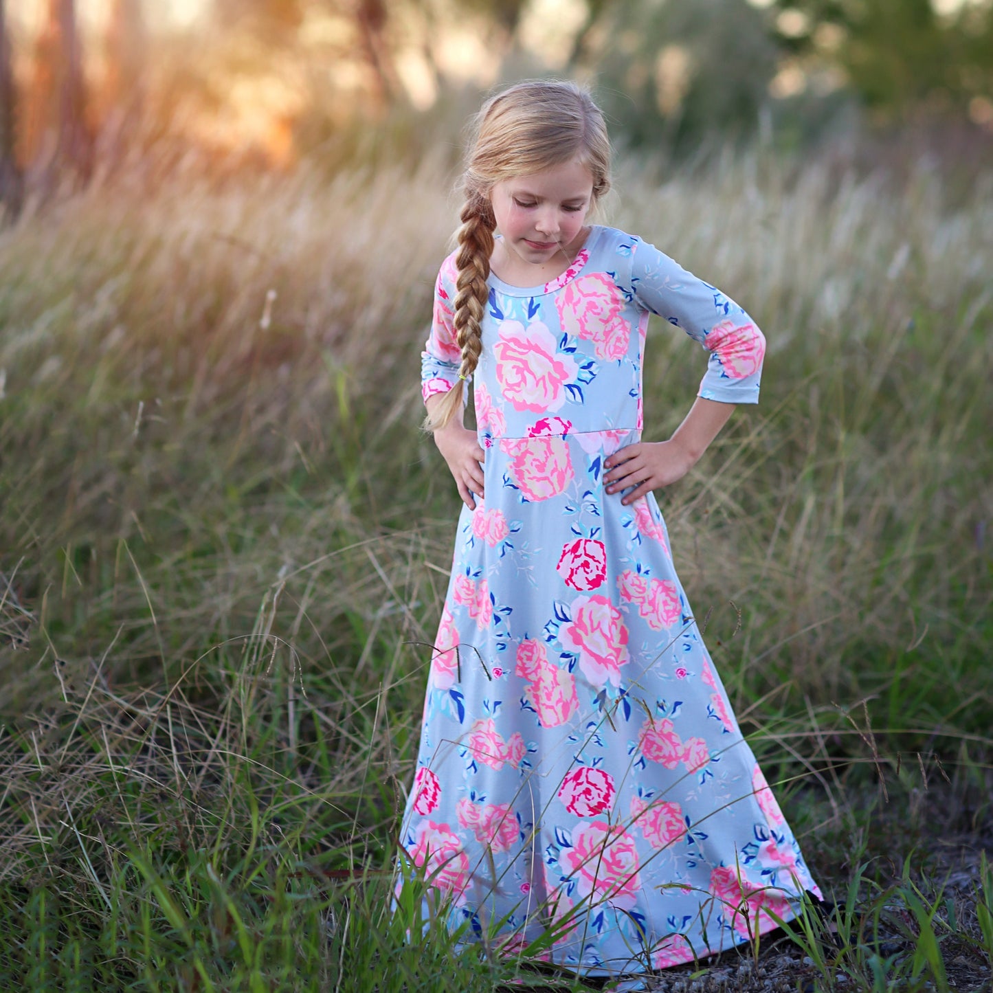 Girls Gray Flower Maxi Dress- Maxi Dress, Gift for her, school dress, church dress, birthday gift, girl dress, casual dress, long, floral