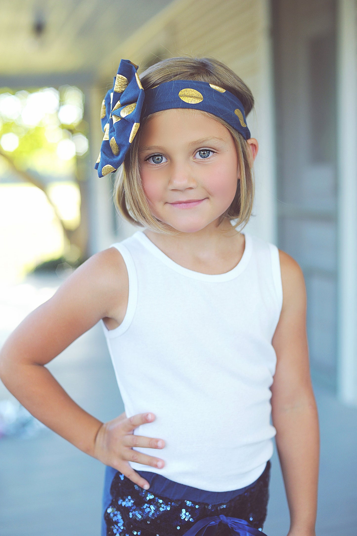 Navy and Gold Polka Dot Oversized Headband- bow headband, navy headband, headband, navy outfit, navy bow, gift for her, navy hair bow, blue