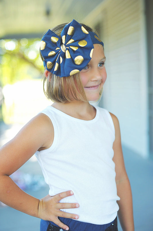 Navy and Gold Polka Dot Oversized Headband- bow headband, navy headband, headband, navy outfit, navy bow, gift for her, navy hair bow, blue